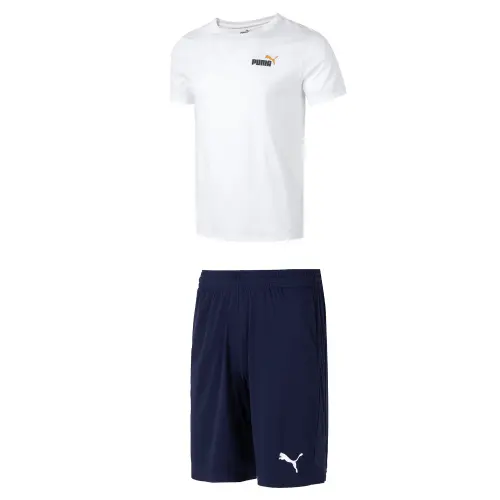 PUMA Casual Sportswear Men's Set White Short Sleeved T Shirt+Blue Shorts Crew Neck Moderate