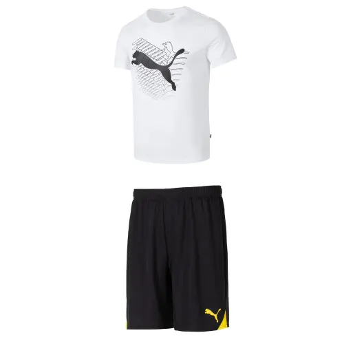 PUMA Casual Sportswear Men's Set White Short Sleeved T Shirt+Black Yellow Shorts Crew Neck Moderate