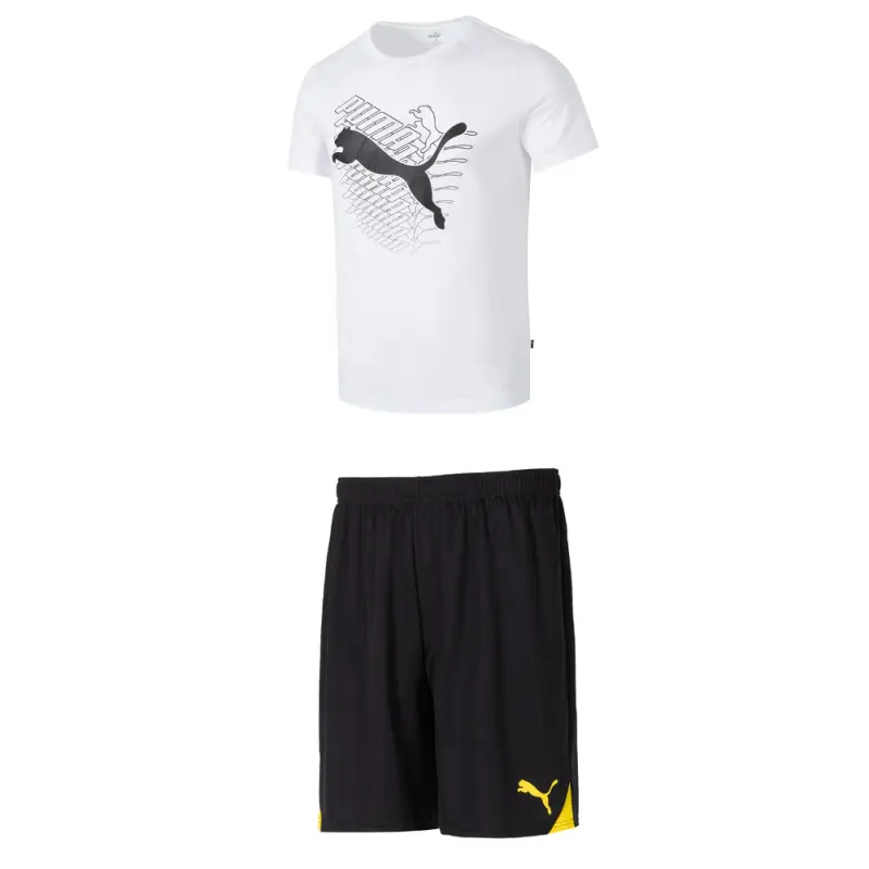 PUMA Casual Sportswear Men's Set White Short Sleeved T Shirt+Black Yellow Shorts Crew Neck Moderate