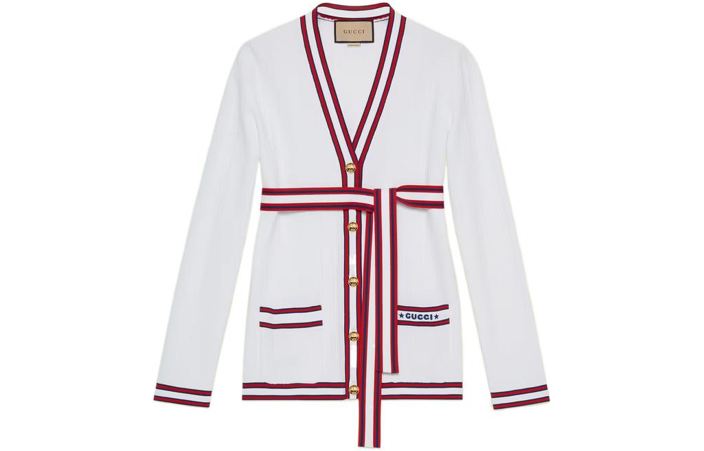 GUCCI Gucci Love Parade SS22 Striped Lettering Contrast Trim Belted Sweater Women's White