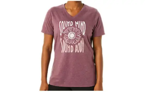 ASICS T Shirts Women's Red V Neck Moderate Straight Fit
