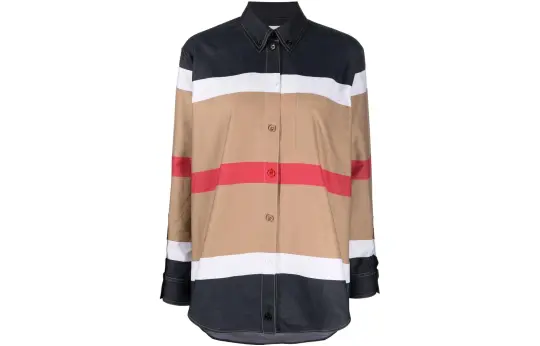 Burberry Women's Ivanna Stripe Pattern Button Up Shirt Beige/Multi