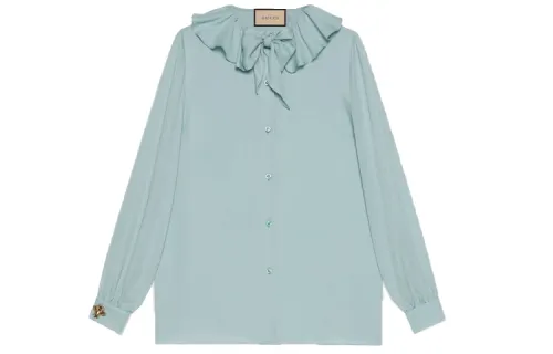 GUCCI Shirts Women's Light Blue Ruffle Collar Moderate Shirt
