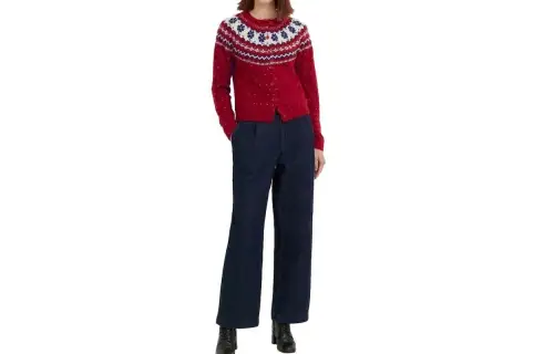 UNIQLO X IDLF Sweaters Women's Coral Red Crew Neck Moderate Cardigan