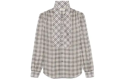 SAINT LAURENT Shirts Women's Black Gray Plaid Stand Collar Moderate Shirt