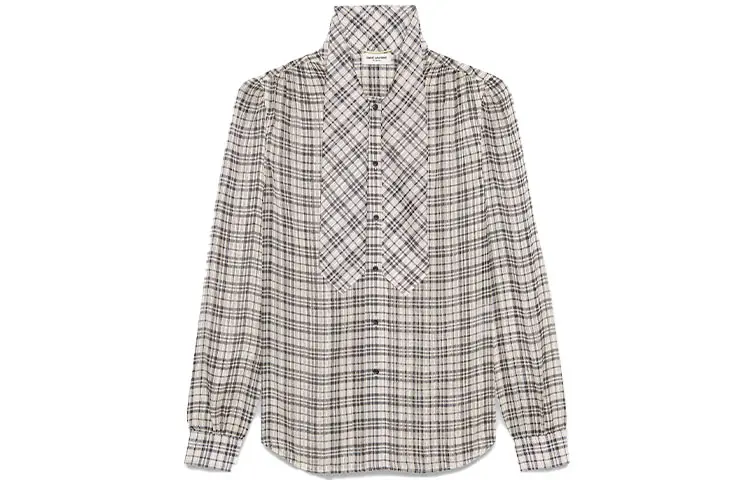 SAINT LAURENT Shirts Women's Black Gray Plaid Stand Collar Moderate Shirt