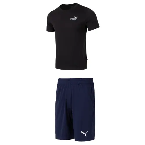 PUMA Casual Sportswear Men's Clothing Set Black Short Sleeved Shirt+Blue Shorts Crew Neck Moderate
