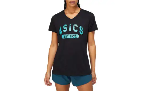 ASICS EST 1977 T Shirts Women's Black V Neck Moderate Straight Fit