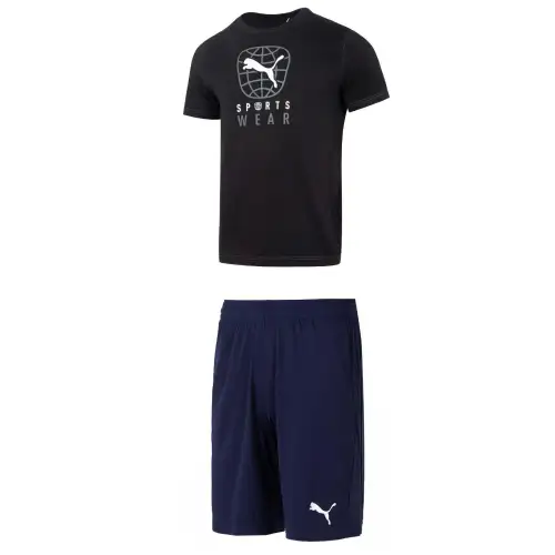 PUMA Casual Sportswear Men's Black T Shirt+Blue Shorts Crew Neck Moderate