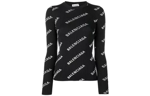 Balenciaga Printed Ribbed Knit Sweater Black