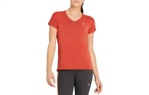 ASICS T Shirts Women's Red V Neck Moderate Straight Fit