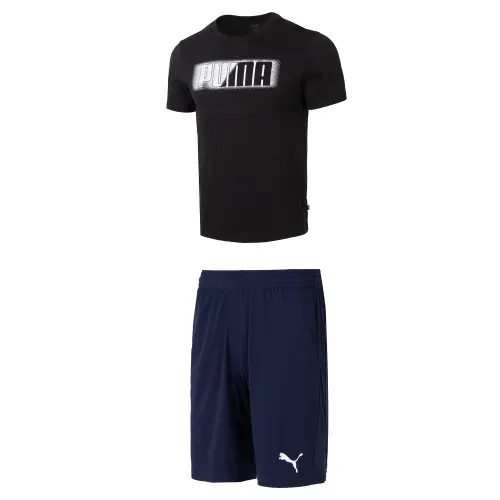 PUMA Casual Sportswear Men's Black T Shirt+Blue Shorts Crew Neck Moderate