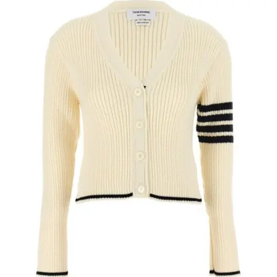 THOM BROWNE V Neck Cropped Cable Knitted Cardigan