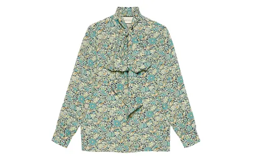 GUCCI Floral Print Tie Neck Long Sleeve Blouse Blue