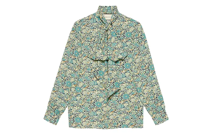 GUCCI Floral Print Tie Neck Long Sleeve Blouse Blue