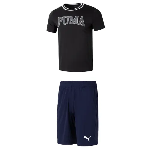 PUMA Casual Sportswear Men's Clothing Set Black Short Sleeved Shirt+Blue Shorts Crew Neck Moderate