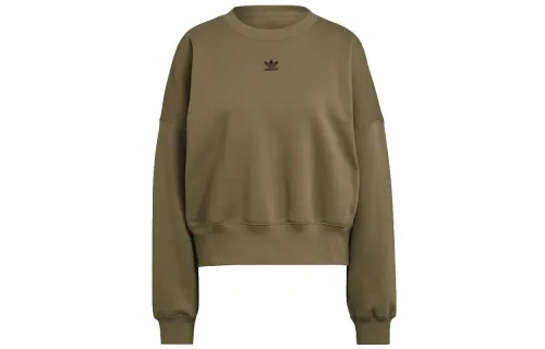 Adidas Originals ESSENTIALS Solid Color Crew Neck Fleece Lined Pullover Sweatshirt Women's Olive