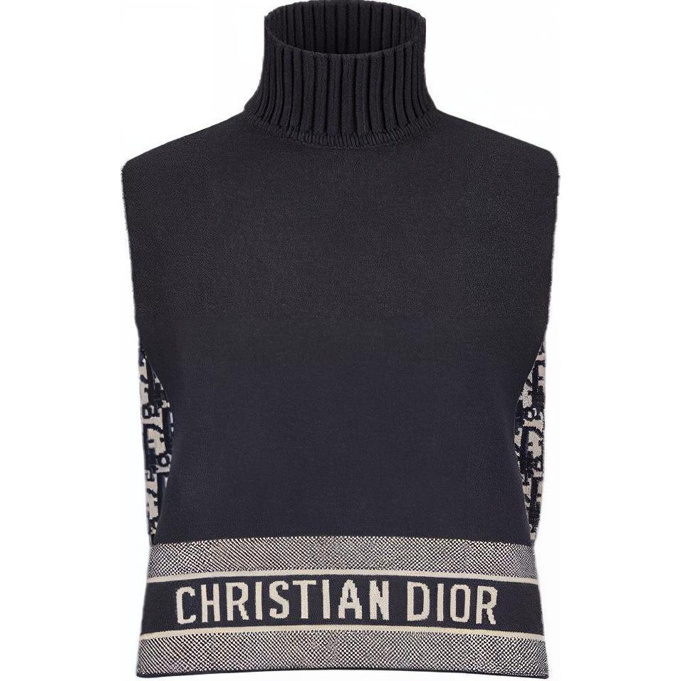 DIOR Dior FW22 "Alps" capsule collection classic jacquard cashmere sleeveless double-sided turtleneck sweater for women, navy blue
