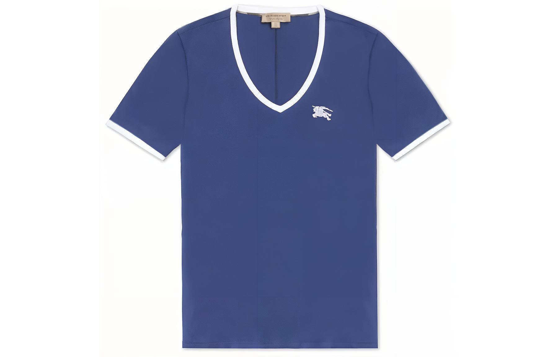 Burberry Women's Embroidered Monogram Ekd V Neck T shirt Blue/White