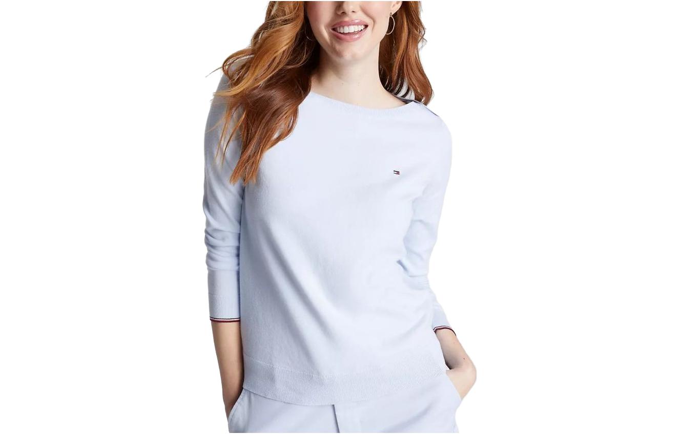 Tommy Hilfiger FW23 Solid Boatneck Sweater Sweaters Breezy Blue Graphic Printed Round Neck Pullover Long Sleeve Sweater Women's Light Blue