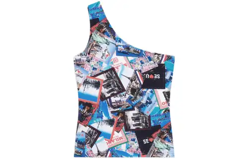 Balenciaga Women'ss Allover Cities Asymetric Tank Top Grey/Blue/Multi