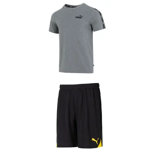 PUMA Casual Sportswear Men's Gray T Shirt+Black Shorts Crew Neck Moderate
