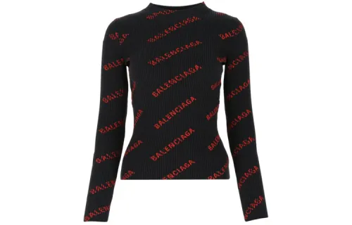 Balenciaga Logo Intarsia Crewneck Sweater 'Black/Red'