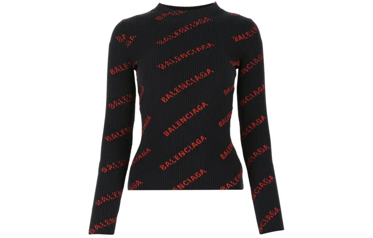 Balenciaga Logo Intarsia Crewneck Sweater 'Black/Red'