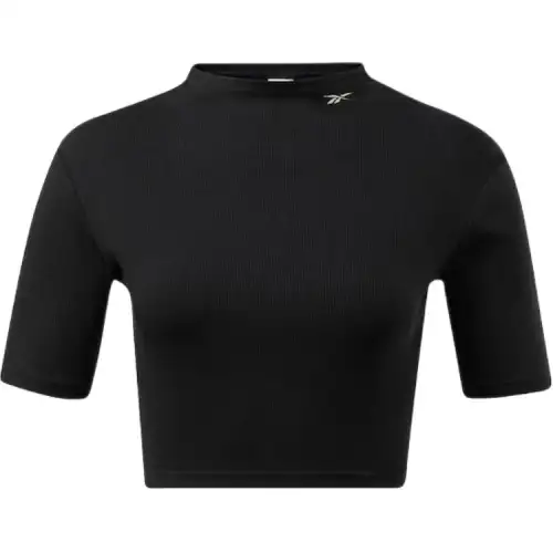 Reebok T Shirts Women's Black Stand Collar Moderate Straight Fit