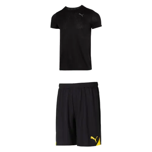 PUMA Casual Sportswear Men's Set Black Top+Black Yellow Shorts Crew Neck Moderate