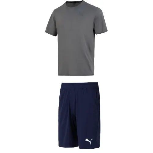 PUMA Casual Sportswear Men's Clothing Set Gray Short Sleeved Shirt+Blue Shorts Crew Neck Moderate