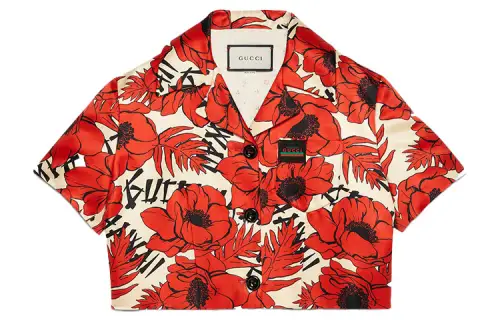 GUCCI Shirts Women's Red White V Neck Moderate Hawaii
