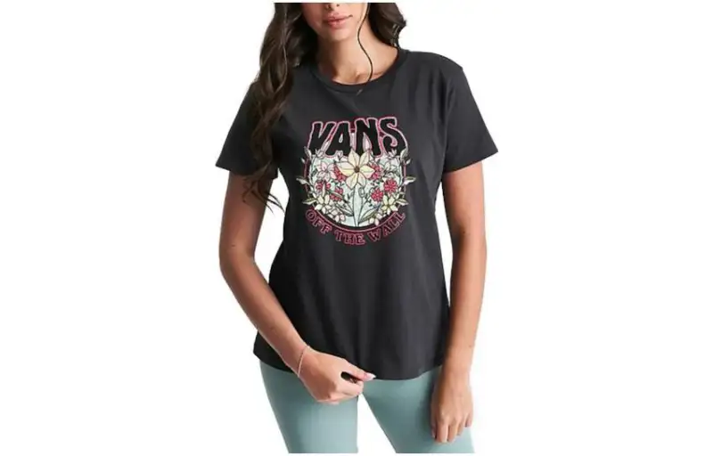 Vans ROCK FLOWER T Shirts Women's Black Crew Neck Moderate Straight Fit
