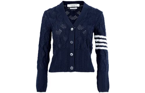 THOM BROWNE Tom Brown SS21 sleeves four stripes decorated V-neck long-sleeved sweater women's blue