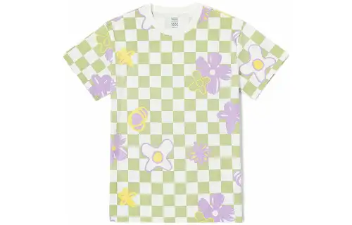 Vans T Shirts Women's Green Checkerboard Crew Neck Moderate Straight Fit