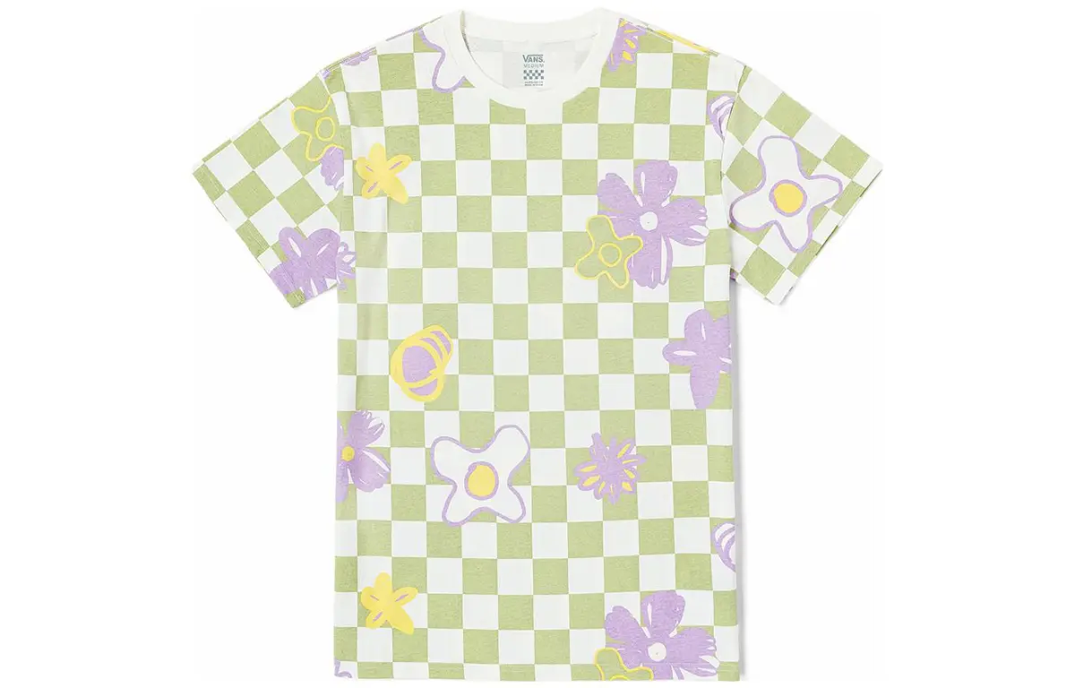 Vans T-Shirts Women's Green Checkerboard Crew Neck Moderate Straight Fit