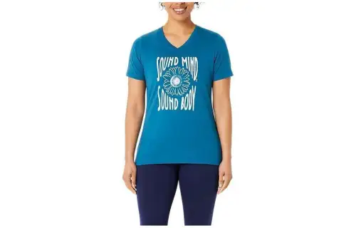 ASICS T Shirts Women's Blue V Neck Moderate Cinched Waist