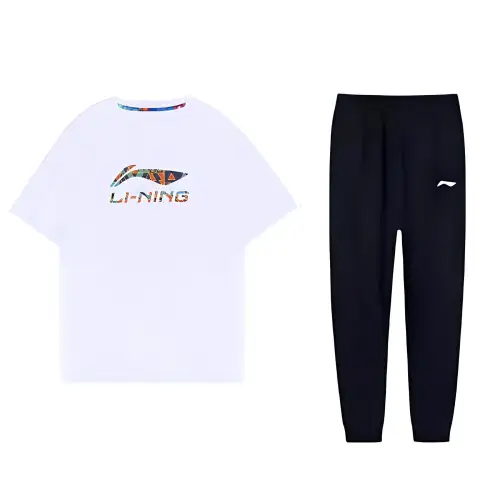 Li Ning Casual Sportswear Men's Set White Short Sleeved T Shirt+Black Pants Crew Neck Moderate