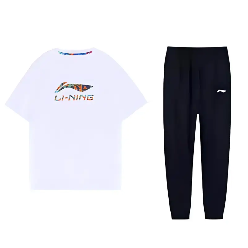 Li Ning Casual Sportswear Men's Set White Short Sleeved T Shirt+Black Pants Crew Neck Moderate