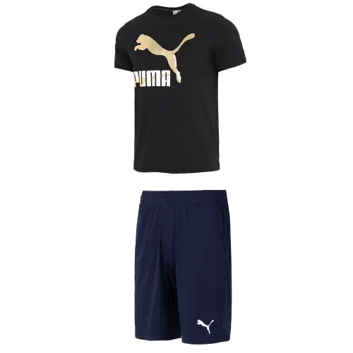 PUMA Casual Sportswear Men's Black T Shirt+Blue Shorts Crew Neck Moderate