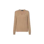 Polo Ralph Lauren FW24 solid color logo intarsia V-neck cotton pullover long-sleeved sweater classic version women's brown
