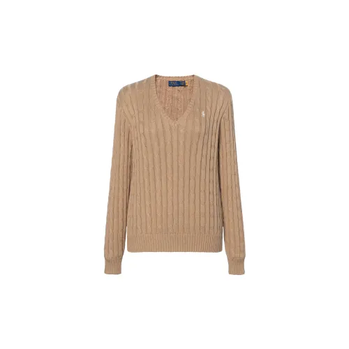 Polo Ralph Lauren FW24 solid color logo intarsia V-neck cotton pullover long-sleeved sweater classic version women's brown