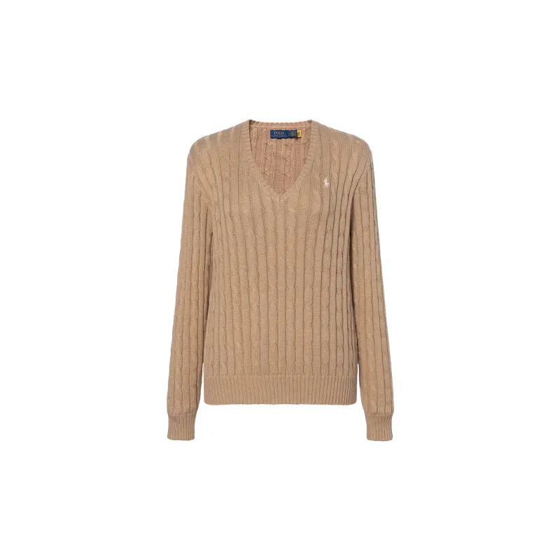 Polo Ralph Lauren FW24 solid color logo intarsia V-neck cotton pullover long-sleeved sweater classic version women's brown