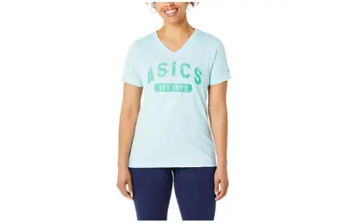 Asics Short Sleeve Est 1977 V Neck Tee T Shirt Women's Light Blue