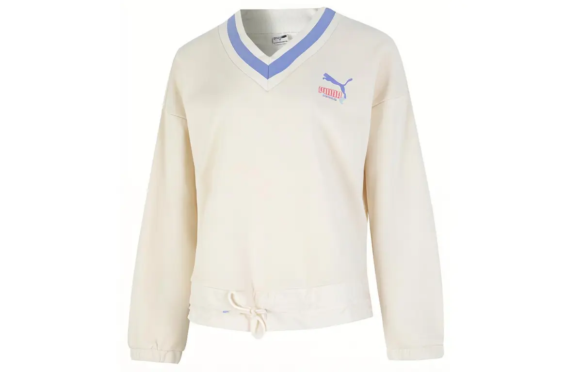 PUMA Sweatshirts Women's White V-neck Moderate Nipped-in Waist