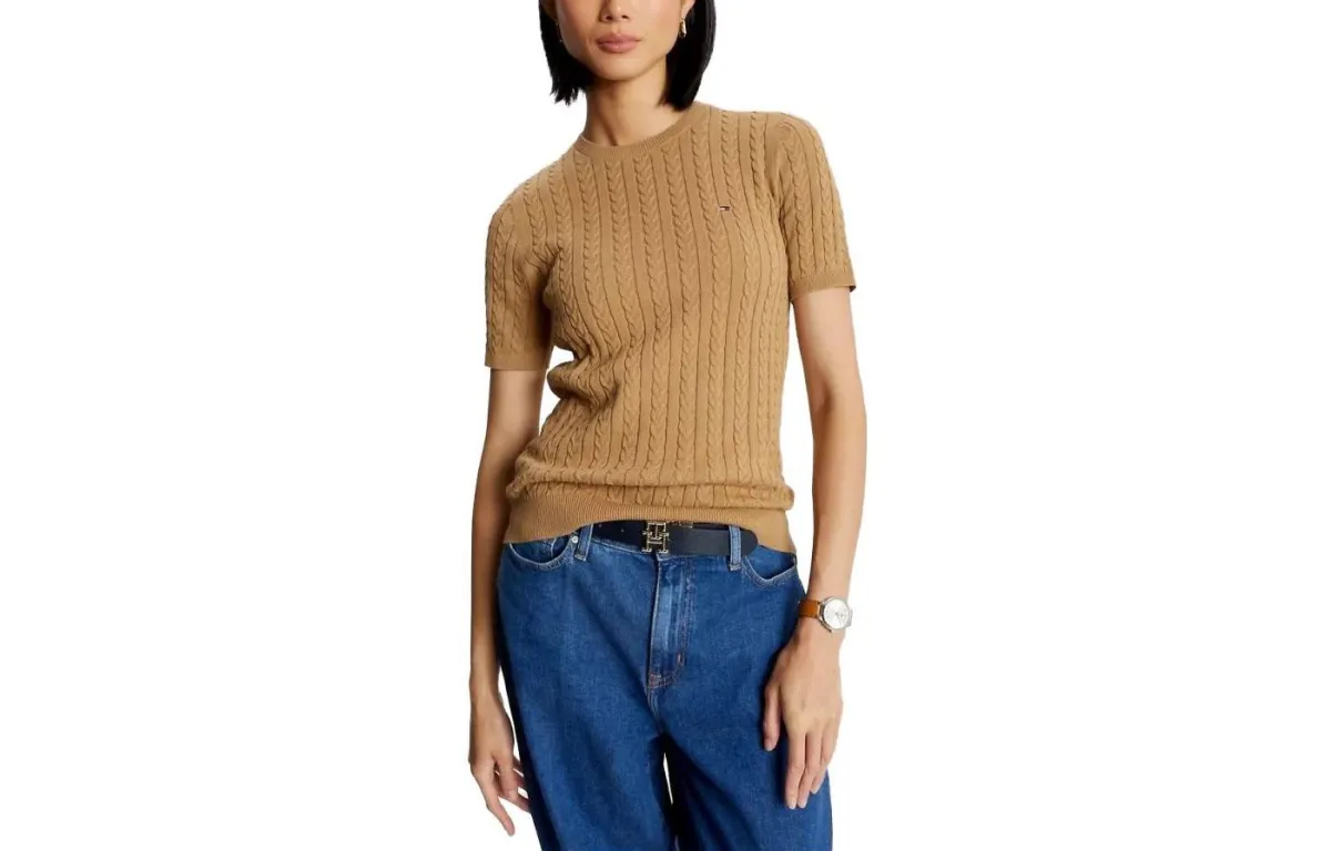Tommy Hilfiger Cable Knit Short Sleeve Sweater Sweaters Pinecone Tan Sweater Women's Brown