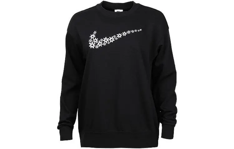 Nike Women'ss Floral Logo Print Fleece Crewneck Pullover Sweatshirt Black