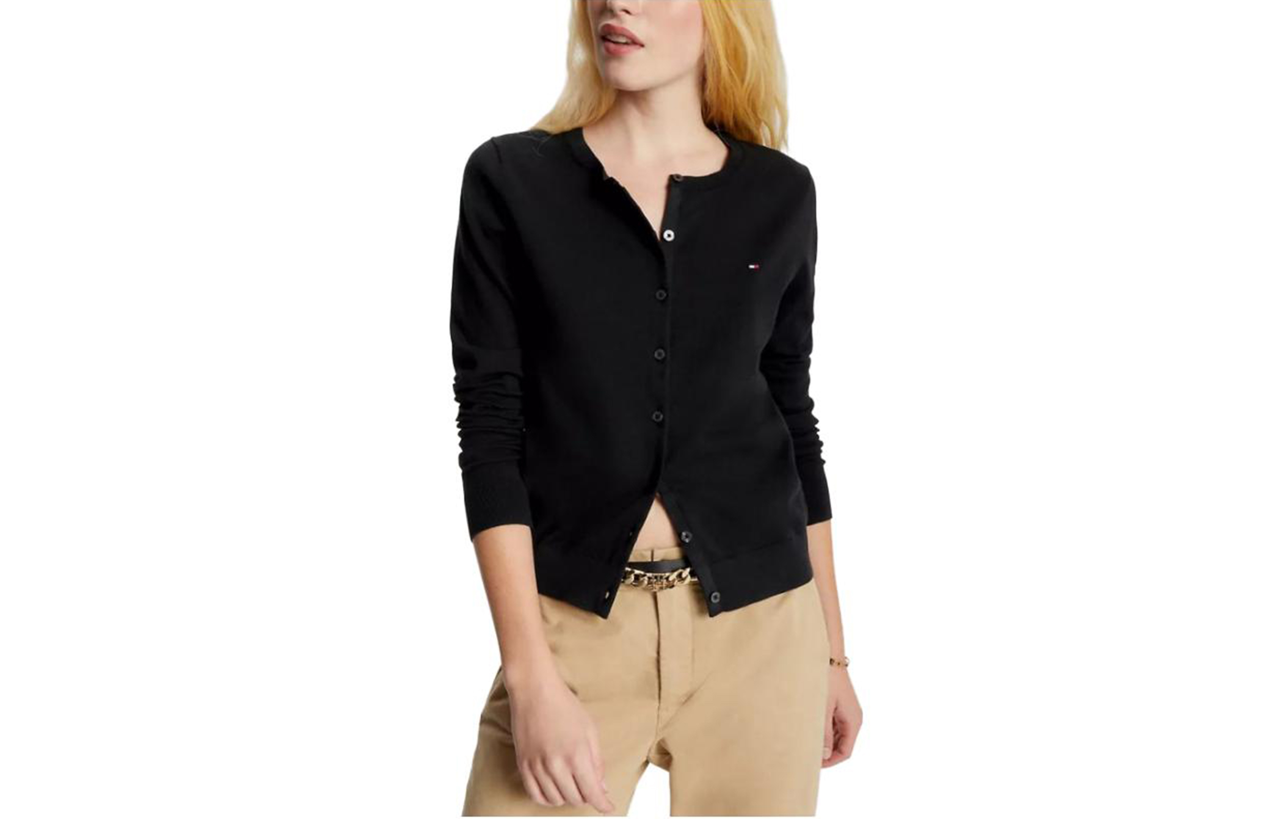 Tommy Hilfiger FW23 Solid Button-Up Cardigan Sweaters Dark Sable solid color V-neck single-breasted long-sleeved sweater women's black