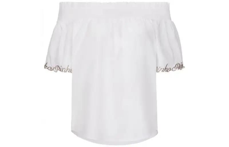 PINKO White short sleeve T-shirt, with embroidery, open shoulders