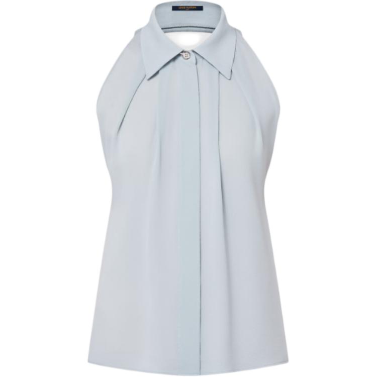 LOUIS VUITTON FW23 solid color single-breasted pleated sleeveless shirt for women, light blue